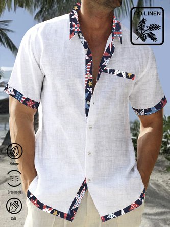 Royaura Linen Shirt Vintage Patriotic American Flag 4th July Print Men's Casual Shirt With Pocket