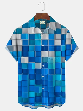 Royaura Hawaiian Geometric Block Men's Button Down Pocket Shirt