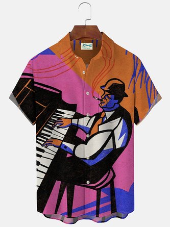 Royaura Vintage Music Musical Notes Printed Men's Button Pocket Shirt