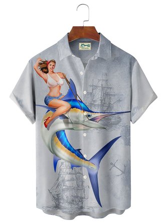 Royaura Hawaii Vintage Map Fish Belle Print Men's Button Pocket Shirt