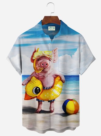 Royaura Pig Print Beach Men's Hawaiian Oversized Shirt With Pocket