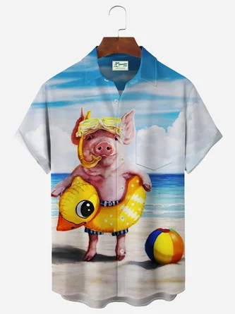 Royaura Pig Print Beach Men's Hawaiian Oversized Shirt With Pocket