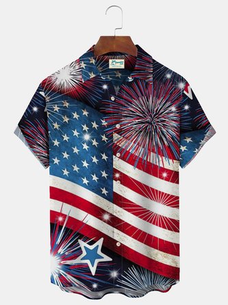 Royaura Holiday Casual Blue Independence Day Men's Camp Shirts Plus Stretch American Flag Aloha Pocket Shirts