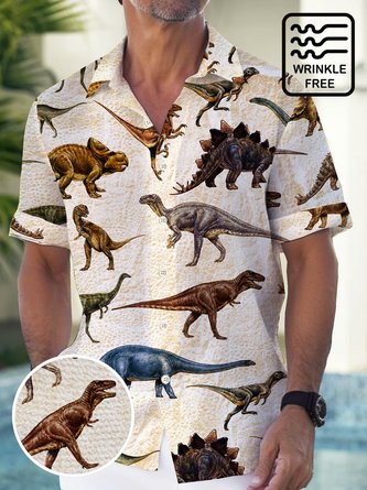 Royaura Beach Vacation Vintage Dinosaur Art Men's Hawaiian Shirts Stretch Wrinkle Free Seersucker Pocket Camp Shirts