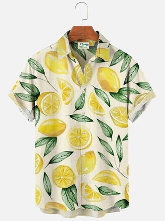 Royaura Men's Button Down Pocket Shirt with Hawaiian Lemon Fruit Print