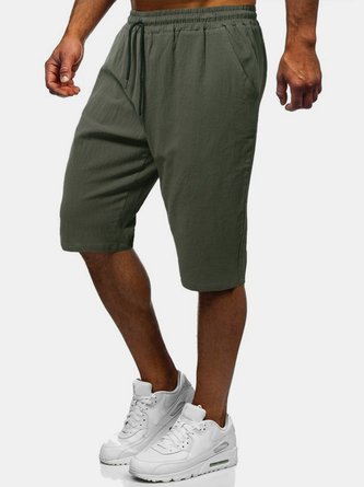 Cotton Linen Men's Beach Pants Breathable Shorts Casual Middle Pants
