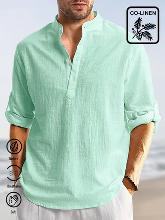 Royaura Vintage Casual Basic Cotton Linen Long Sleeve Stand Collar Shirts Breathable Comfortable Camp Shirts