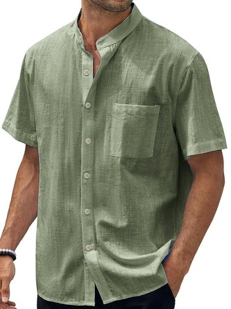 Royaura Beach Vacation Off White Vintage Men Stand Collar Short Sleeve Shirts Wrinkle Free Seersucker Stretch Solid Color Camp Shirts