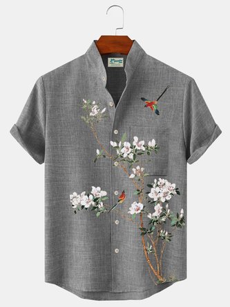 Royaura Vintage Beach Holiday Gray Men's Stand Collar Shirts Bamboo Parrot Stretch Oversized Aloha Camp Shirts