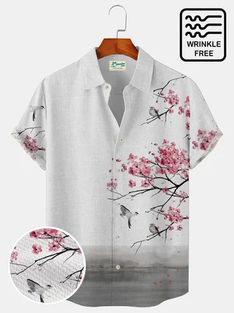 Royaura Vintage Japanese Oriental White Plum Men's Hawaiian Shirts Wrinkle Free Seersucker Large Size Aloha Camp Shirts