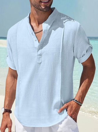 Royaura Cotton Linen Basic Henley Collar Men's Button Pocket Shirt