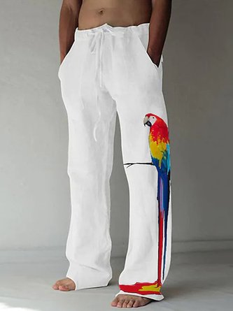 Royaura Parrot Print Vacation Casual Hawaiian Men's Straight Fit Drawstring Stretch Beach Pants