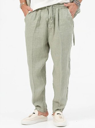 Royaura Linen Pants Loose Plus Size Men's Plain Pocket Casual Beach Pants
