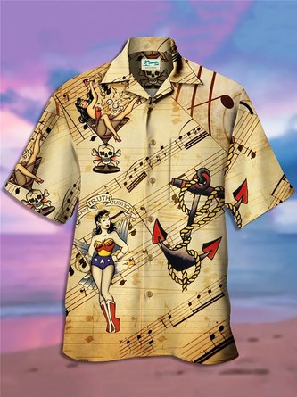 Royaura Vintage Camp Collar Music Pin Up Girl Print Beach Men's Hawaiian Oversized Shirt With Pocket