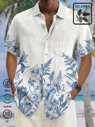 Royaura Linen Shirt Floral Print Beach Men's Hawaiian Big&Tall Shirt With Pocket