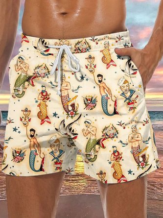 Royaura Vintage Nautical Mermaid Men's Beach Trunks Swim Trunks
