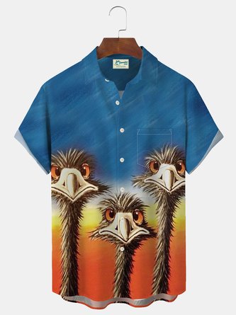 Royaura Hawaiian Ostrich Print Men's Button Pocket Short Sleeve Shirt