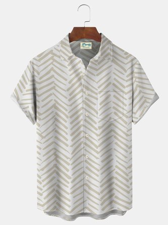 Royaura Vintage Geometric Stripe Print Men's Button Pocket Shirt