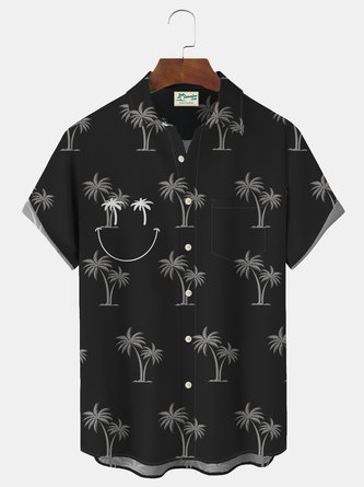 Royaura Hawaiian Coconut Tree Smiley Print Men's Button Down Pocket Shirt