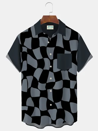 Royaura 50's Vintage Dark Blue Men's Check Shirts Stretch Plus Size Aloha Camp Pocket Shirts