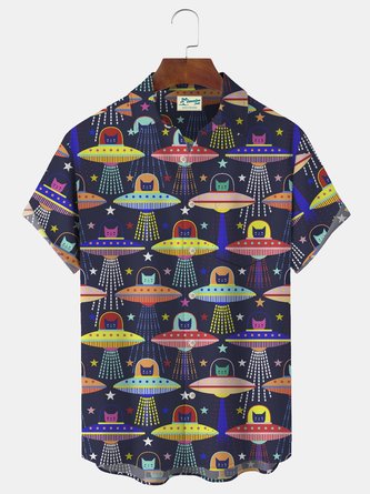 Royaura 50’s Retro UFO Cat Poster Men's Camp Shirts Geometry Stretch Plus Size Aloha Casual Pocket Shirts