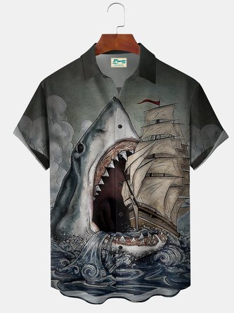Royaura 50's Vintage Ukiyo-e  Shark Gray Men's Hawaiian Shirts Stretch Plus Size Aloha Camp Pocket Shirts