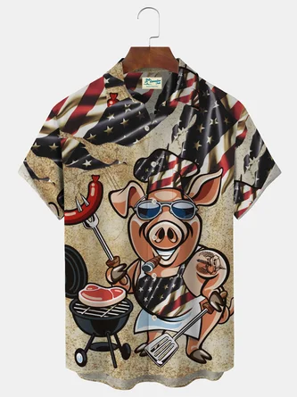 Royaura 50's Vintage American Flag Men's Camp Shirts BBQ Cartoon Pig Stretch Plus Size Aloha Hawaiian Pocket Shirts