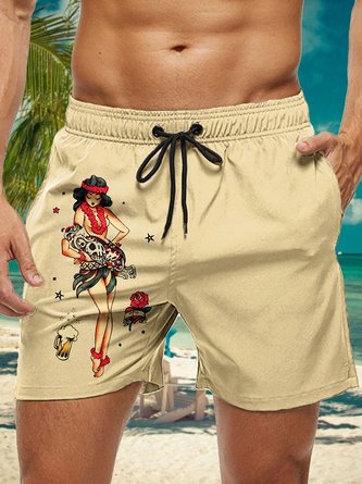 Royaura Retro Pin Up Girl Beauty Print Men's Beach Shorts Swimming Trunks