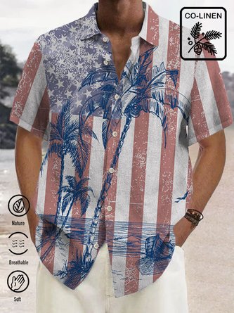 Royaura Vintage Cotton American Flag Coconut Tree Print Shirt Plus Size Shirt