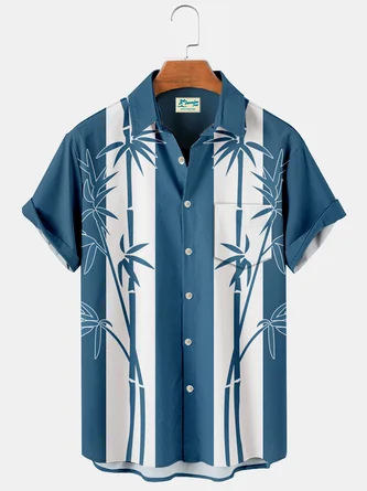 Royaura Vintage Bowling Bamboo Plant Print Beach Men's Hawaiian Oversized Shirt With Pocket