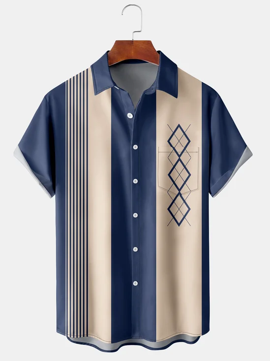 Royaura® 50's Vintage Men's Bowling Shirts Mid-Century Geometric Art Pocket Camp Shirt Big & Tall