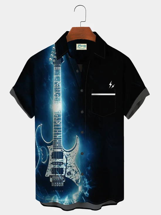 Men's Black Casual Shirts Electric Guitar Lightning Art Wrinkle Free Plus Size Tops