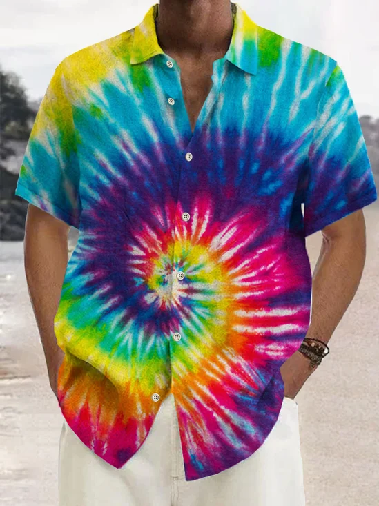 Royaura Comfortable hemp Tie Dye Ombre Peace & Love Men's Vacation Beach Hawaiian Big & Tall Aloha Wrinkle Free Shirt