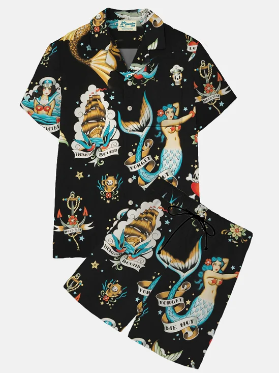 Royaura Hawaiian Mermaid Men's Button Down Pocket Two-Piece Shirt And Shorts Set