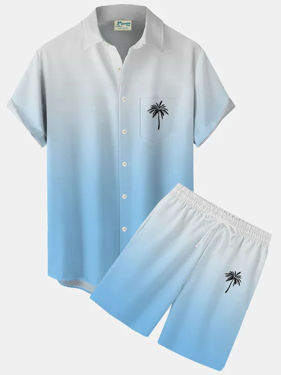 Royaura Hawaiian Gradient Coconut Tree Print Men's Button Pocket Two-Piece Shirt And Shorts Set