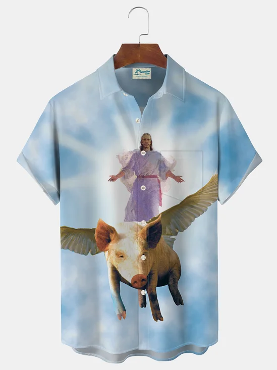 Royaura Flying Pig Jesus Fun Print Men's Button Pocket Shirt