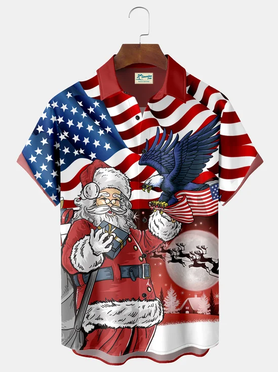 Royaura Christmas Flag Eagle Santa Print Men's Hawaiian Oversized Pocket Shirt