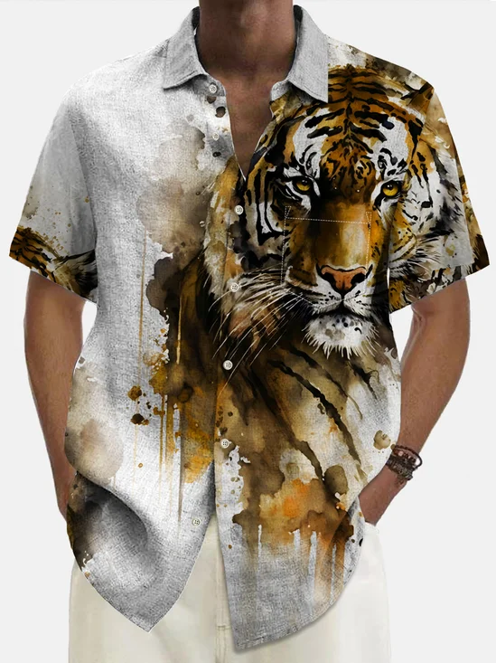 Royaura Tiger Men's Casual Shirt Fun Cartoon Aloha Button Pocket Animal Shirts