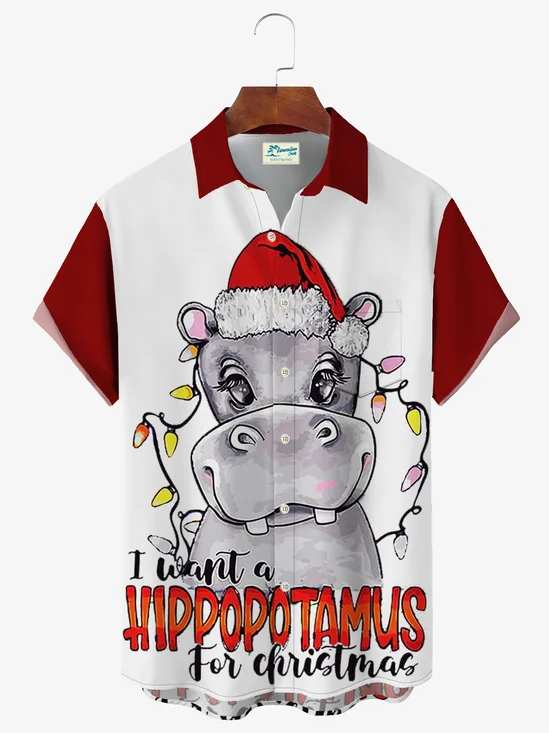 Royaura Hippopotamus Christmas Print Men's Button Pocket Short Sleeve Shirt