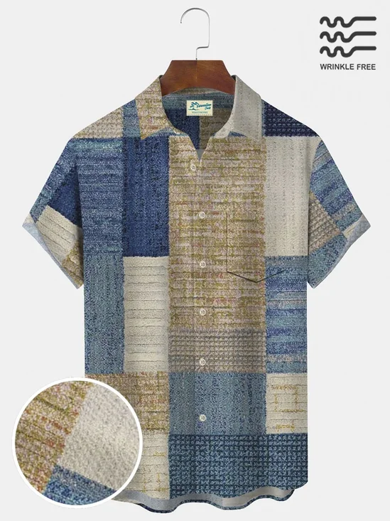 Royaura Vintage Medieval Geometric Men's Short Sleeve Shirts Art Wrinkle Free Seersucker Camp Pocket Shirts