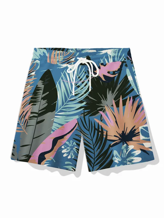 Royaura® Hawaiian Blue Men's Beach Shorts Botanical Print Stretch Plus Size Shorts
