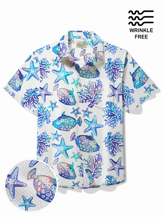 Royaura® Hawaiian Sea Life Print Men's Button Pocket Short Sleeve Shirt