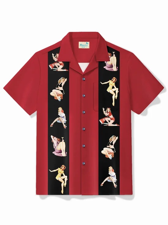 Royaura® Vintage Bowling Pin up Girls printed chest pocket shirt large size men's shirt