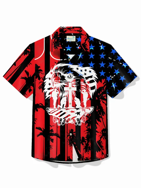 Royaura® Holiday Memorial Day Soldier American Flag Print Men's Shirt Easy Care Camping Pocket Shirt Big Tall