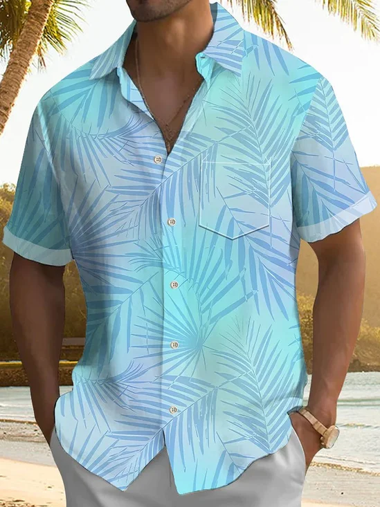 Royaura®Hawaiian Gradient Plant Leaf Print Men's Button Pocket Short Sleeve Shirt