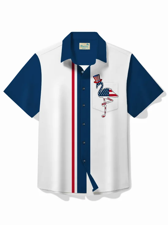 Royaura® Vintage Bowling American Flag Flamingo Print Chest Pocket Shirt Plus Size Men's Shirt