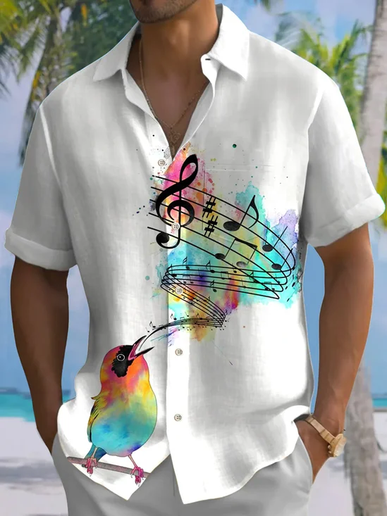 Royaura®Hawaiian Music Note Print Men's Button Pocket Short Sleeve Shirt