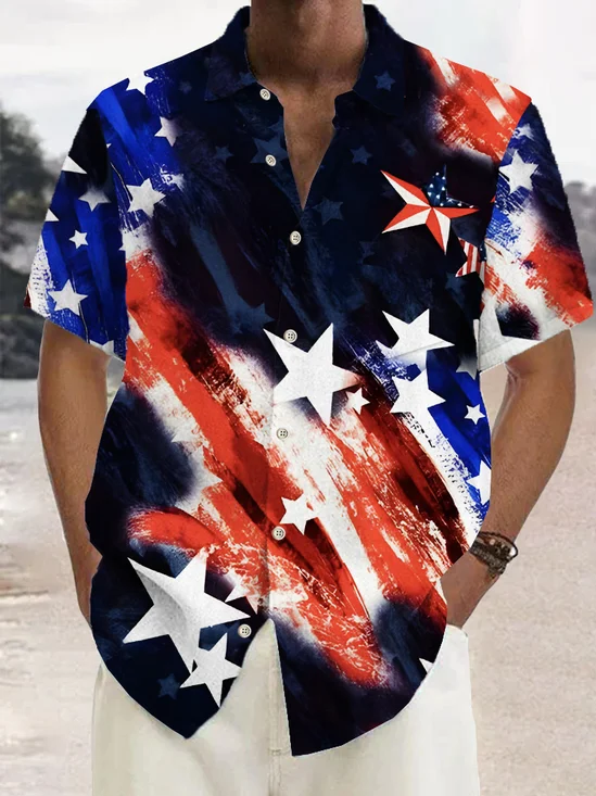 Royaura® Vintage American Flag Print Chest Pocket Shirt Plus Size Men's Shirt