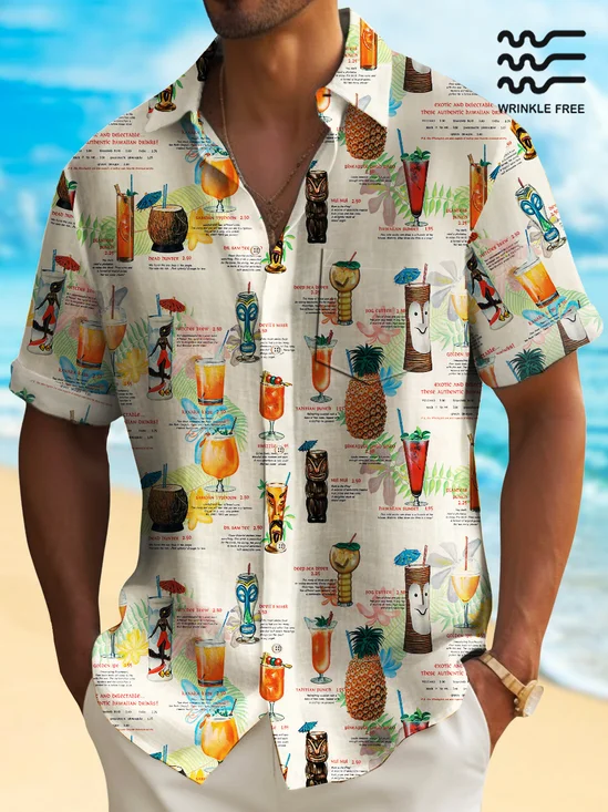 Royaura® Beach Vacation Tiki Cup Men's Hawaiian Shirt Wrinkle Free Seersucker Camp Tropical Cocktail Shirt Big Tall