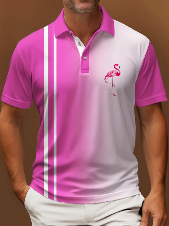 Royaura® Holiday Beach Flamingo Men's Hawaiian Polo Shirt Stretch Comfortable Pullover Pink Polo
